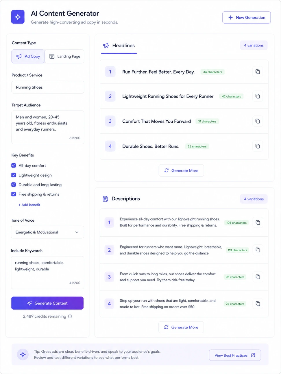 Responsive search ad preview with alternate headline options